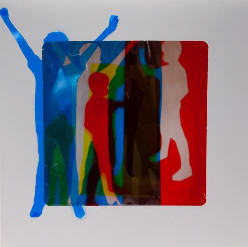 fluorescent light box with neon figurine cutouts  