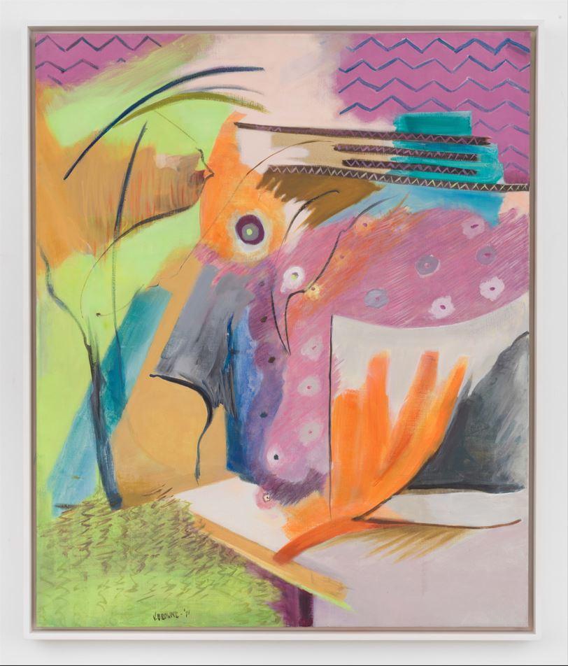 Abstract painting with bright colors and various shapes and marks