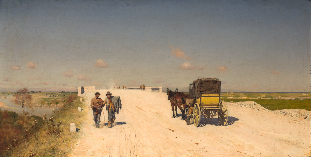 a pastoral painting, with a wide open sky, of travelers on a dusty road