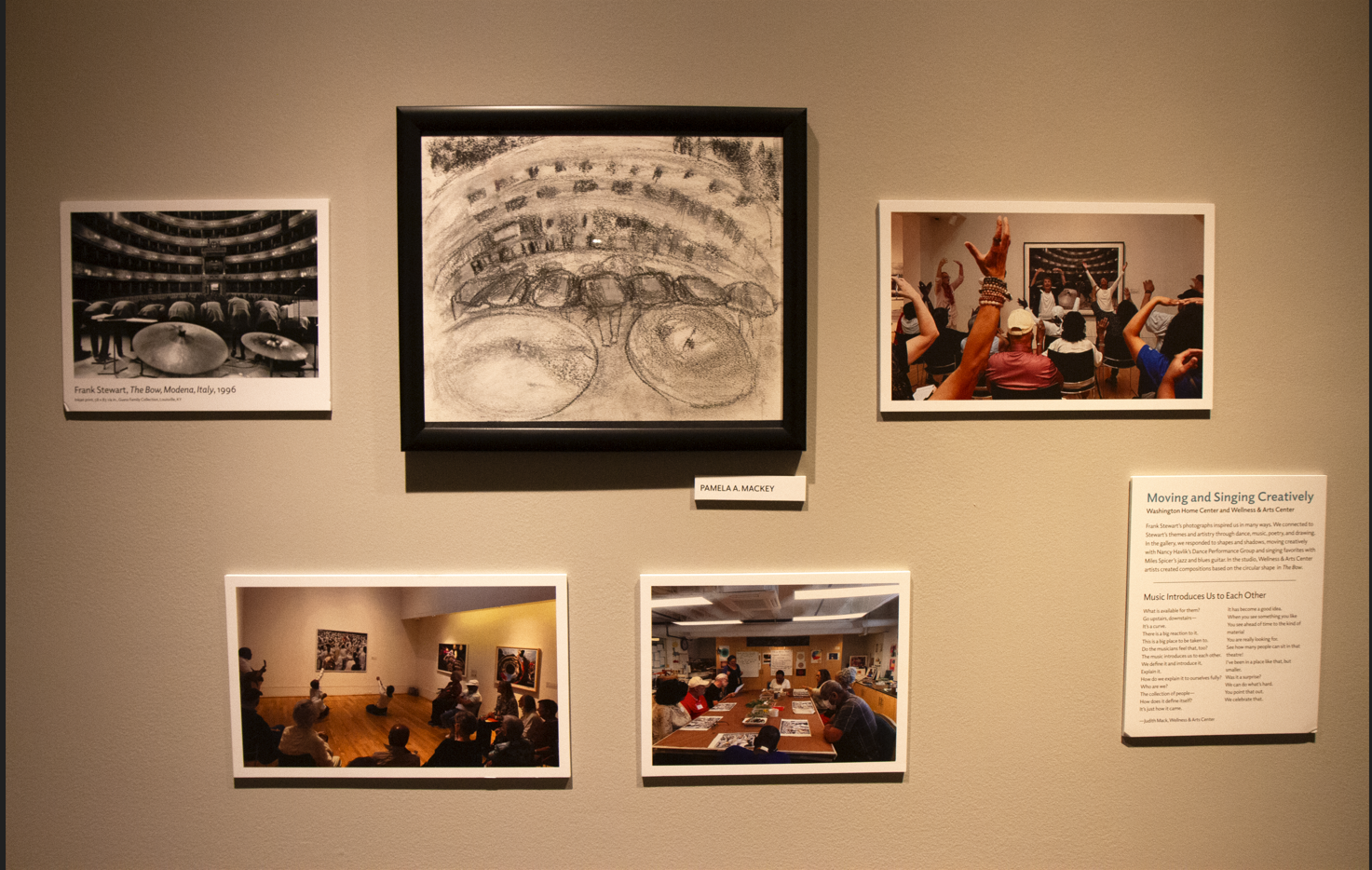 Moving and Singing Creatively Wellness & Arts Center Frank Stewart’s photographs inspired us in many ways. We connected to Stewart’s themes and artistry through dance, music, poetry, and drawing. In the gallery, we responded to shapes and shadows, moving creatively with Nancy Havlik’s Dance Performance Group and singing favorites with Miles Spicer’s jazz and blues guitar. In the studio, Wellness & Arts Center artists created compositions based on the circular shape in The Bow.